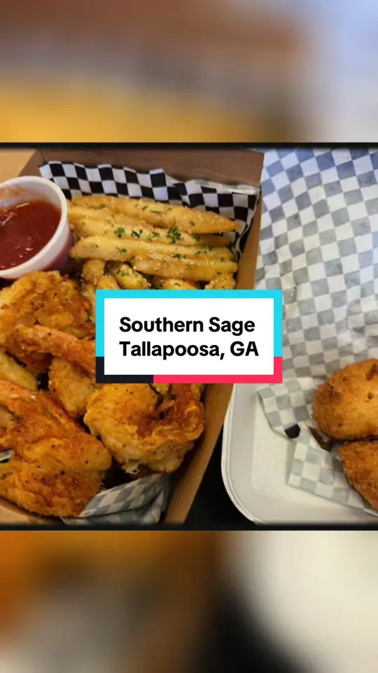 Southern Sage in Tallapoosa showing food review, fried shrimp basket, video by _christy_burgess on TikTok