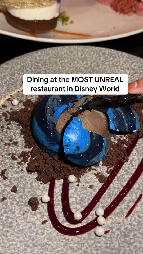 Space 220 Restaurant in Lake Buena Vista showing review, visit, food, interstellar steak & frites, mangala roasted chicken, video by bradenstl on TikTok
