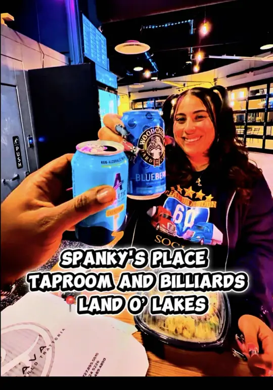Spanky's Place Taproom and Billiards in Land O' Lakes showing cold beer, great vibes, games on deck, pool, bingo, karaoke, trivia, video by realbrandonsocial on TikTok