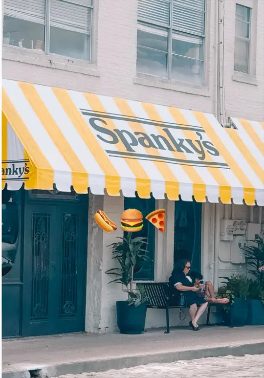 Spanky's River Street in Savannah showing review, visit, video by savannahspeach on TikTok