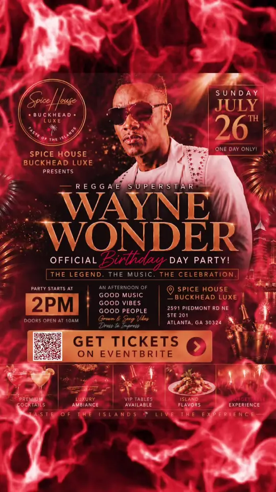 Spice House Buckhead Luxe in Atlanta showing event, wayne wonder’s official birthday day party, mimosa & rum punch brunch, authentic caribbean cuisine, premium hookah, video by spicehousebuckheadatl on TikTok
