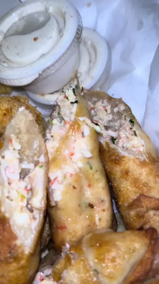 Spices Caribbean Restaurant & Bar in Columbus showing seafood rolls, fried shrimp, fries, video by spicesmobile_ on TikTok