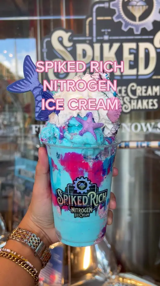 Spiked Rich Nitrogen Ice Cream in Davie showing nitrogen ice cream, dairy free options, video by explorewithgg on TikTok