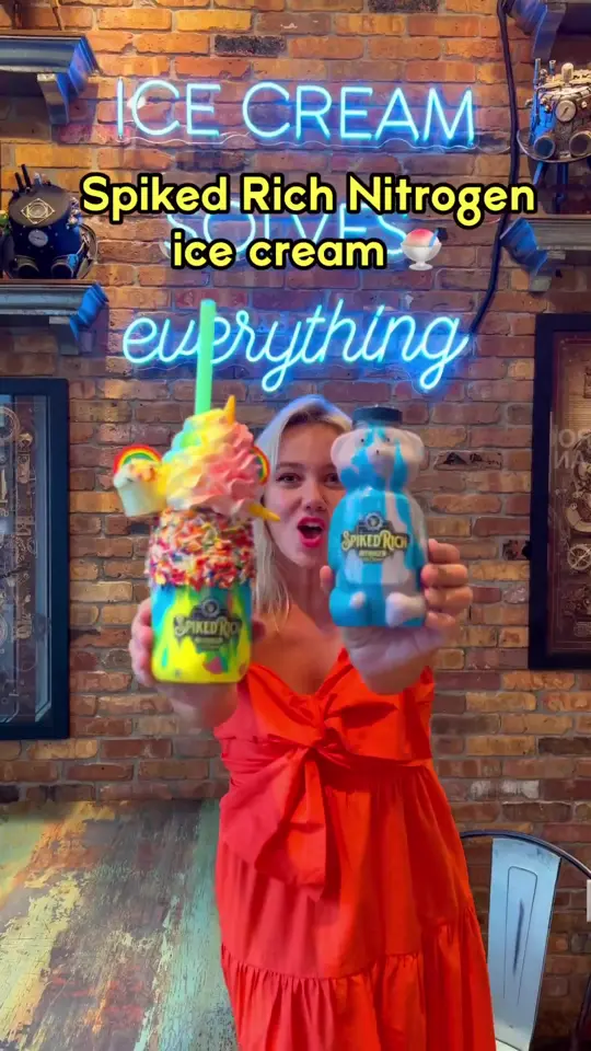 Spiked Rich Nitrogen Ice Cream in Davie showing ice cream, birthday bear milkshake, rainbow party shake, video by spikedrich on TikTok