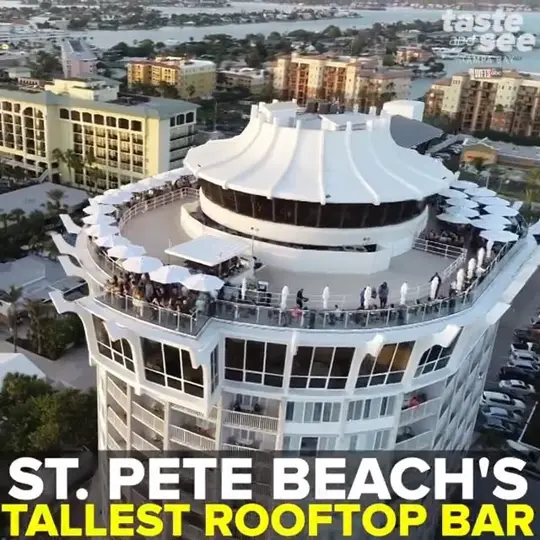 Spinners Rooftop Grille in St. Pete Beach showing rooftop bar, sunset, dinner, revolving restaurant, video by Taste and See Tampa Bay on Facebook