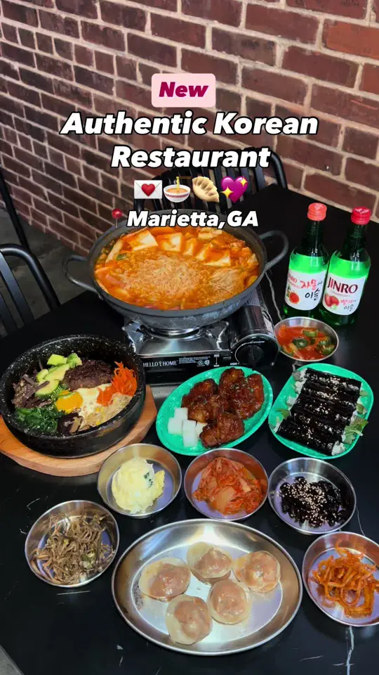 Spring Restaurant in Marietta showing restaurant visit, korean comfort dishes, banchan side dishes, army stew, tteok galbi dolsot bibimbap, beef patty, video by travelfoodie_ishy on TikTok