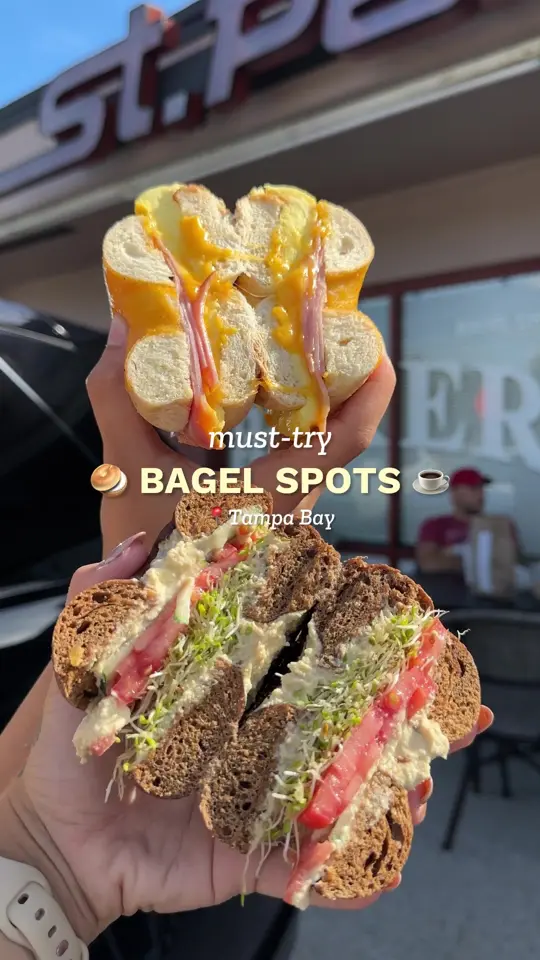 St. Pete Bagel Co. in Dunedin showing bagels, sesame bagel, video by offlinetampabay on TikTok