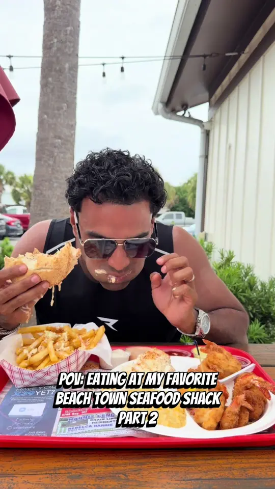 STEWBY'S Seafood Shanty in Fort Walton Beach showing visit, review, food, colossal shrimp basket, hushpuppies, potato salad, cheese grits, grilled grouper sandwich, fries, banana pudding, video by lifewjibran on TikTok