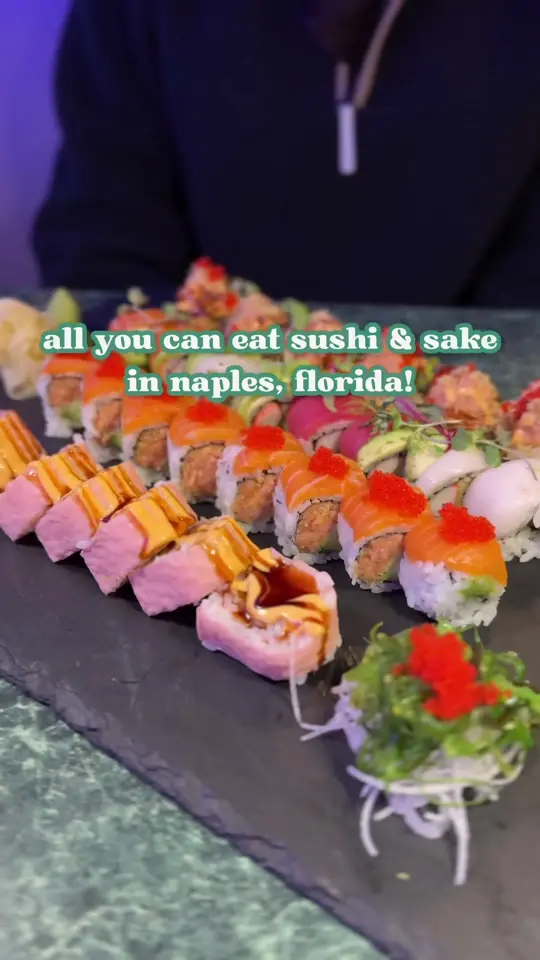 Stix Sushi & Seafood in Naples showing restaurant visit, all-you-can-eat sushi, sake, tempura, hibachi, dumplings, video by naplesnoms on TikTok