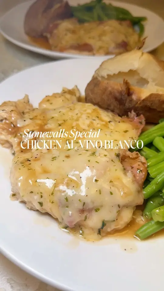 Stonewalls in Marco Island showing chicken al vino blanco, green beans, baked potato, mashed potatoes, video by Stonewalls on Facebook