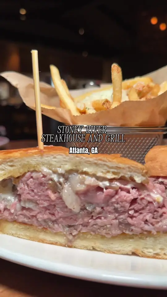 Stoney River Steakhouse and Grill in Atlanta showing cocktail, lemon drop martini, fresh rolls, steak rolls, jumbo fried shrimp, ny strip, video by sydwalker5 on TikTok