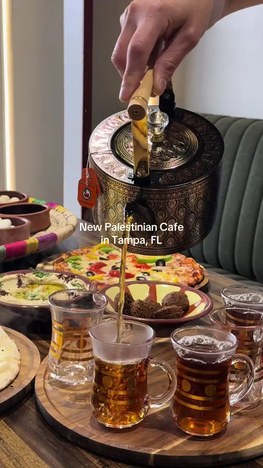 Sufrat Ramallah in Temple Terrace showing cafe, traditional breakfast spread, homemade halal dishes, lattes, video by tampaiman on TikTok
