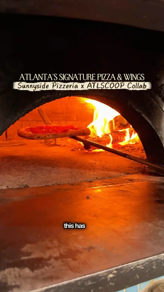 Sunnyside Pizzeria in Sandy Springs showing pizza, hot honey char pizza, wings, homemade pastas, martinis, video by The.travel.ksu on Facebook