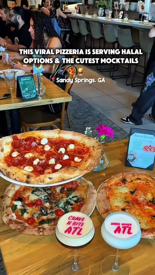 Sunnyside Pizzeria in Sandy Springs showing visit, pizza, halal beef pepperoni pizza, margherita pizza, veggie pizza, peach burrata, kale apple salad, bruschetta, pallino gelato, tres le, video by craveandbiteatl on TikTok