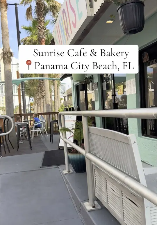 Sunrise Cafe & Bakery in Panama City Beach showing food, breakfast croissant sandwich, drink, de leche iced coffee, video by alyssafollas on TikTok
