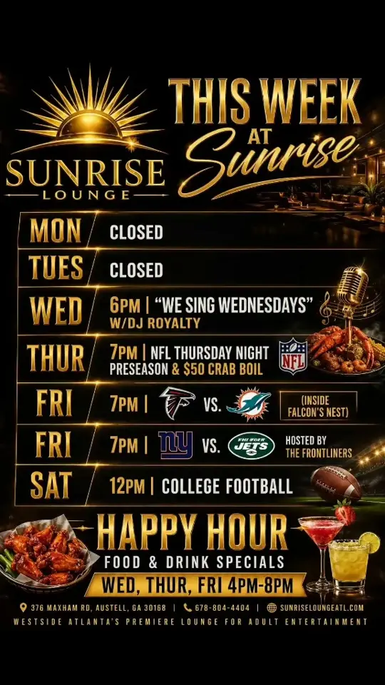 Sunrise Lounge ATL in Austell showing karaoke, sports, food, drinks, video by Kellye A Bowens on Facebook