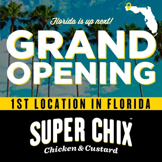  in Florida showing grand opening, chicken sandwich, fries, video by SUPER CHIX on Facebook