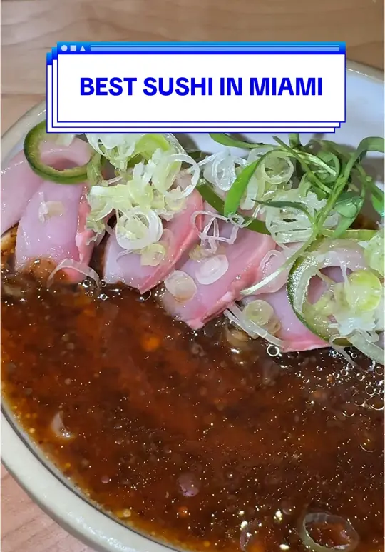 Sushi in Miami Beach showing review, yellowtail jalapeño, spicy tuna hand roll, salmon crispy rice, nigiri, video by queenraemu on TikTok