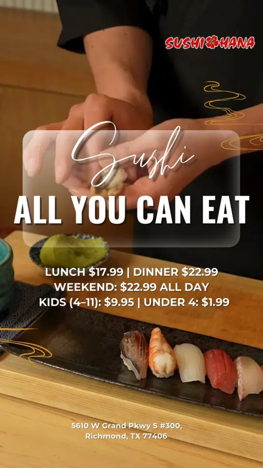 Sushi Hana in Bradenton showing unlimited sushi, sashimi, appetizers, video by Sushi Hana Fusion Cuisine on Facebook