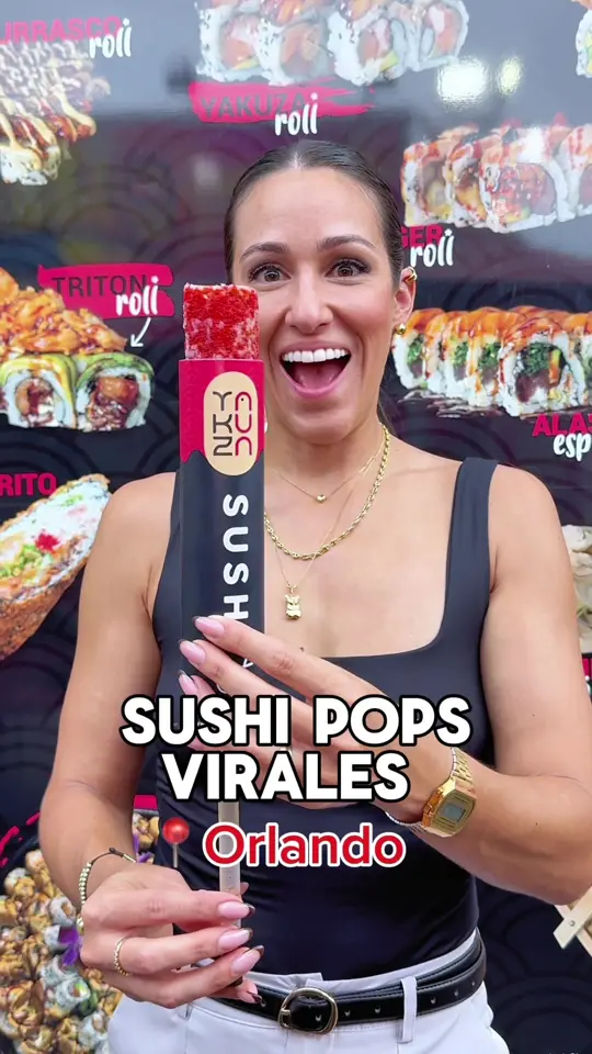 Sushi Pop in Orlando showing sushi pops, sushi burger, sushi arepas, video by barbarasaranay on TikTok