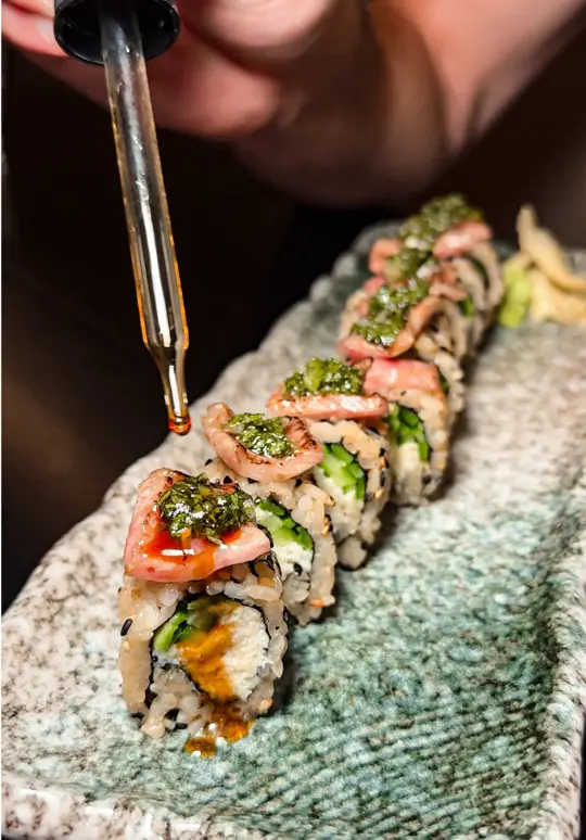 Sushi Saint in Orlando showing restaurant, sushi saint winter park, hand rolls, temaki, maki, caviar donut, video by orlandofoodfinders on TikTok