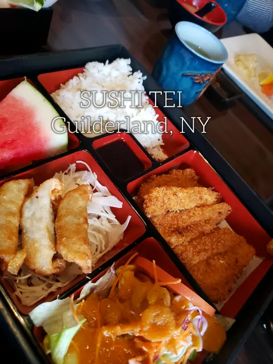 Sushi Tei in Albany showing restaurant visit, lunch deals, tonkatsu bento, miso soup, green salad, steamed white rice, video by eatanddrinkhouston on TikTok