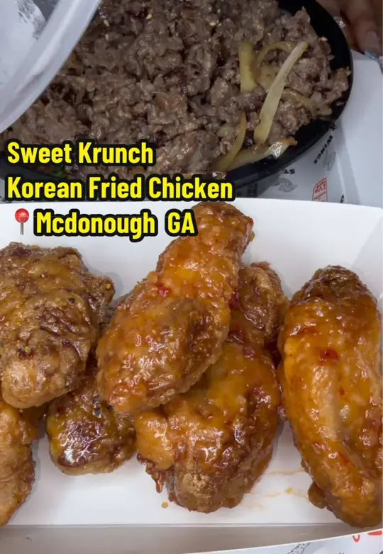 Sweet Krunch - Bradenton in Bradenton showing visit, review, korean fried chicken, sweet chili sauce, bulgogi, strawberry mango fruit tea, video by cookandinewithme on TikTok