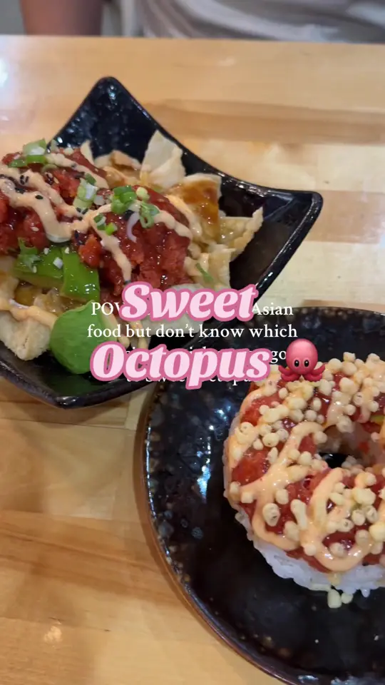 Sweet Octopus in Duluth showing review, sushi donuts, sushi burrito, spicy tuna nachos, curry, video by ngoc.ck on TikTok