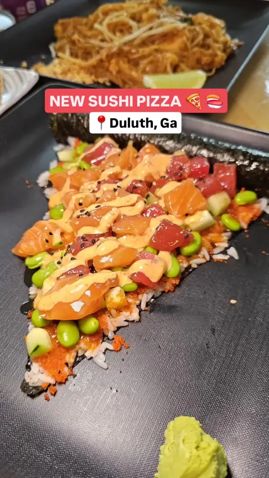 Sweet Octopus in Duluth showing restaurant visit, sushi pizza, salmon, tuna, outdoor seating, video by su.savory.bites on TikTok