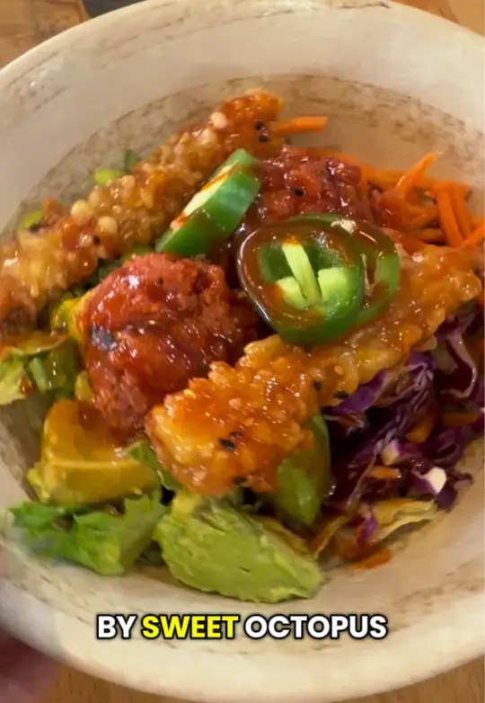 Sweet Octopus in Duluth showing food, mighty green bowl, dynamite bowl, video by ohsnapletseat on TikTok