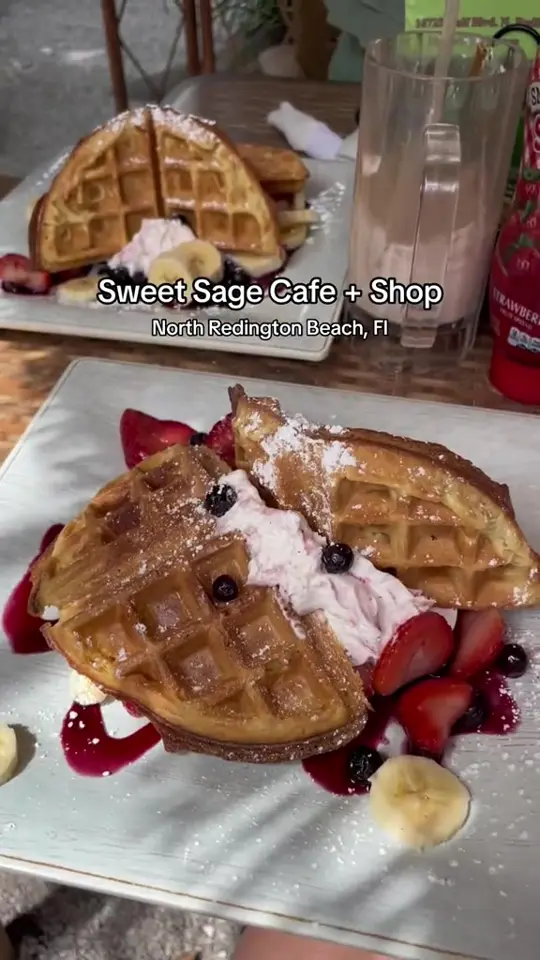 Sweet Sage Cafe in North Redington Beach showing brunch, waffles, coffee, smoothie, video by katiemarie0317 on TikTok