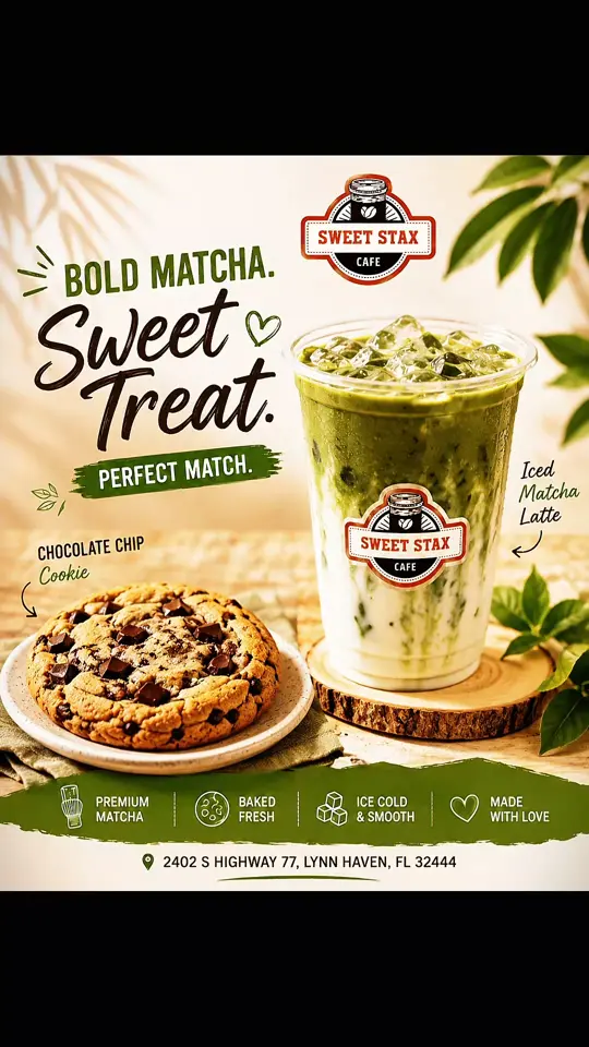 Sweet Stax Cafe in Lynn Haven showing drink, iced matcha latte, food, chocolate chip cookie, video by Sweet Stax Cafe on Facebook