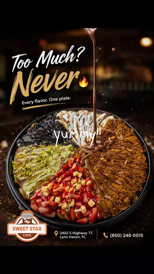 Sweet Stax Cafe in Lynn Haven showing dessert, loaded dessert, lotus, oreo, pistachio, strawberry, chocolate drizzle, video by sweetstax.cafe1 on TikTok