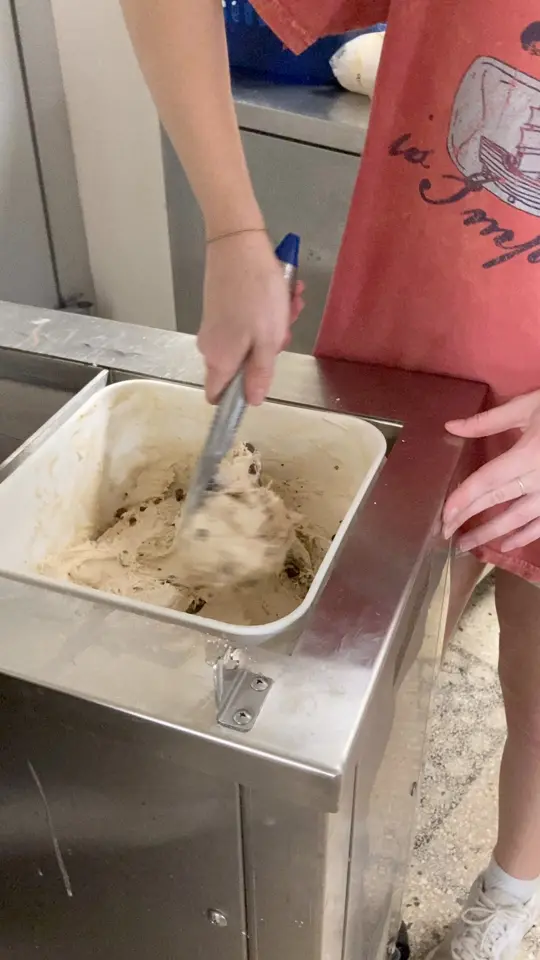 Sweetberries in Gainesville showing frozen custard, toasted coconut almond chip, video by SweetBerries Eatery and Frozen Custard on Facebook