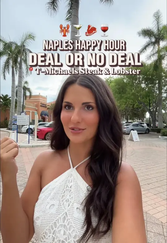 T-Michaels Steak & Lobster in Naples showing happy hour, lobster, steak, cocktails, video by courtney_swfl on TikTok