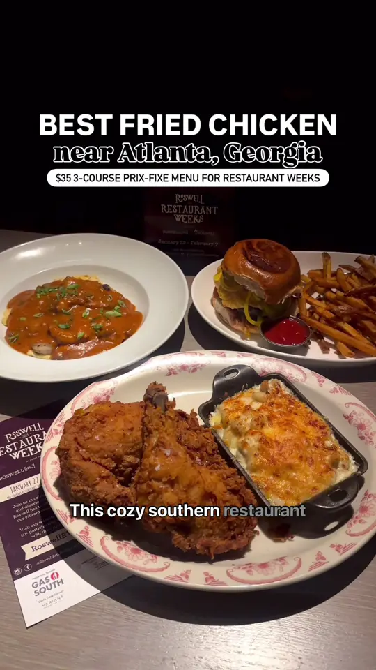 Table & Main in Roswell showing restaurant, fried chicken, southern food, atmosphere, visit, video by atldessertguide on TikTok