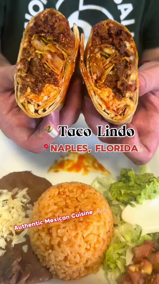 Taco Lindo in Naples showing review, classic al pastor taco, churros, flan, lunch specials, fajita mix nachos, video by sunnycoastblog on TikTok
