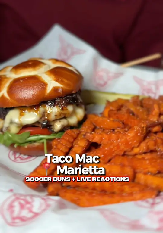 Taco Mac Marietta in Marietta showing visit, burger, soccer bun burger, margarita flight, drink, video by twocentsliyah on TikTok