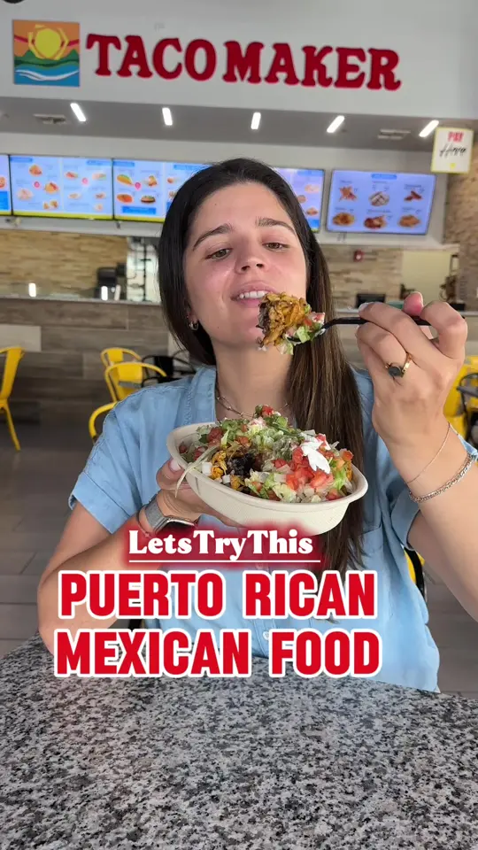 Taco Maker Mexican Grill in Orlando showing review, taco bowl, taco salad, pionono burrito, deluxe fries, pernil burrito, chicken, video by letstrythisconchanti on TikTok