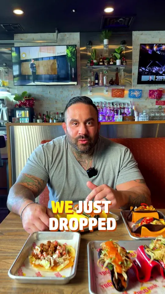 Taco Rock in Pensacola showing food, lomo saltado taco, we jammin' jerk chicken, gringo taco, blazing cauliflower, stuffed poblano taco, video by tacorockva on TikTok