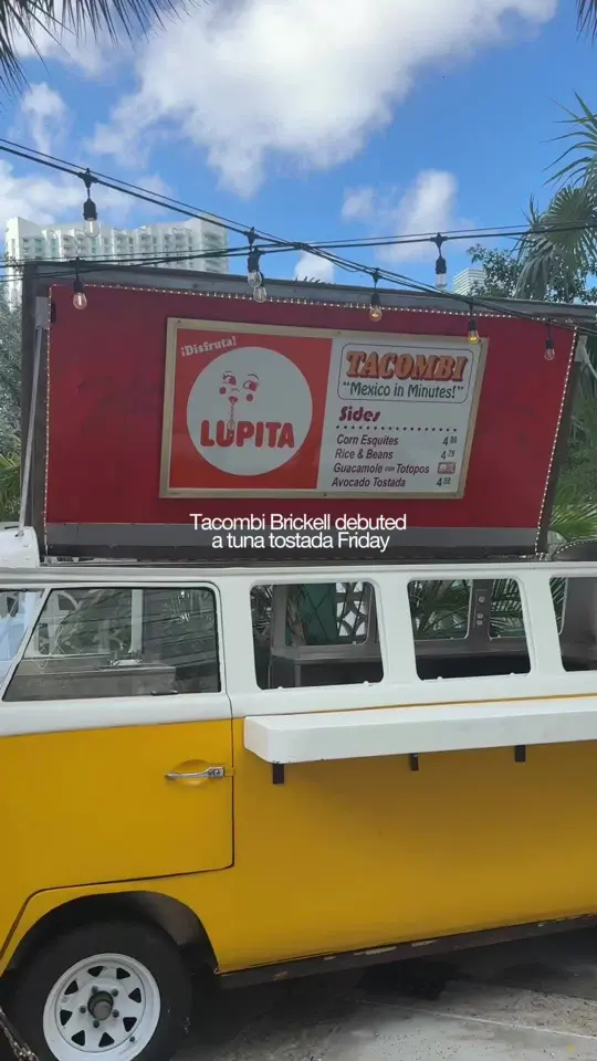 Tacombi in Miami showing menu item, tuna tostada, outdoor patio, live music, dj set, margaritas, video by gaberavetz on TikTok
