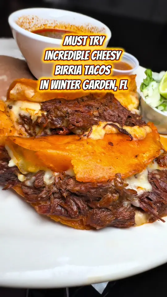 Tacos and Tequila in Winter Garden showing food, cheesy birria tacos, video by thetastebuzz on TikTok