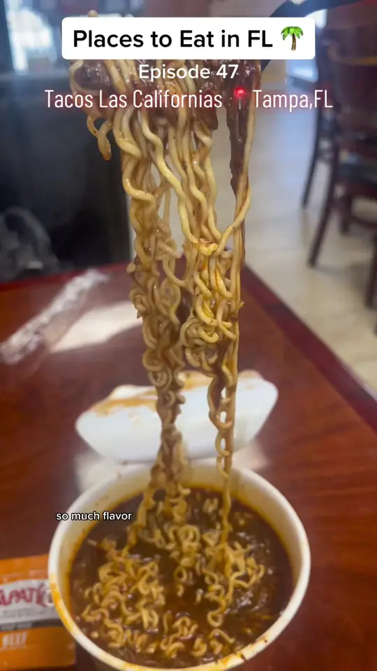 Tacos Las Californias in Tampa showing food, birria ramen noodles, video by kaymarie023 on TikTok