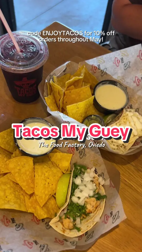 Tacos My Guey in Oviedo showing restaurant visit, chicken taco, chips, queso, agua fresca, frozen margarita, video by discom0mmy on TikTok
