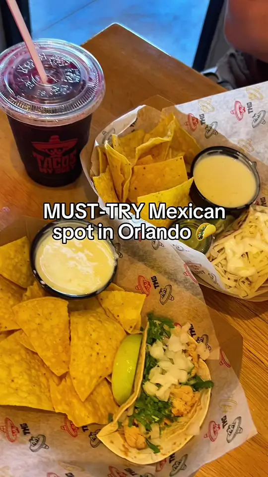 Tacos My Guey in Oviedo showing review, chicken tacos, chips & queso, agua fresca, frozen margarita, video by discom0mmy on TikTok