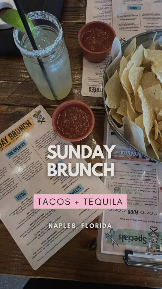 Tacos & Tequila Cantina in Naples showing review, visit, chips and salsa, queso, the yoki, papas con chorizo, chicken and churros, bottomless margaritas, video by swflguide on TikTok