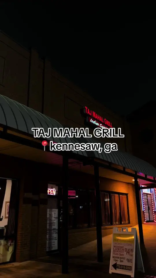 Taj Mahal Grill in Kennesaw showing food, chicken curry, mattar mushrooms, naan, kheer, fruit custard, video by cheapeatsatl on TikTok