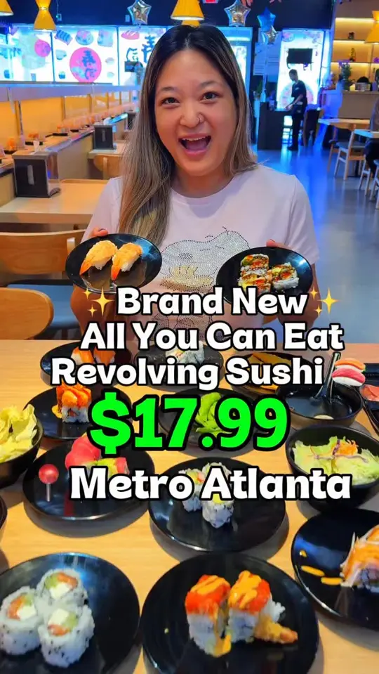 Takaya Revolving Sushi in Peachtree Corners showing review, visit, lunch price, dinner price, hibachi, bento box, poke, yakisoba, sushi rolls, video by Marleybabeeats on Facebook