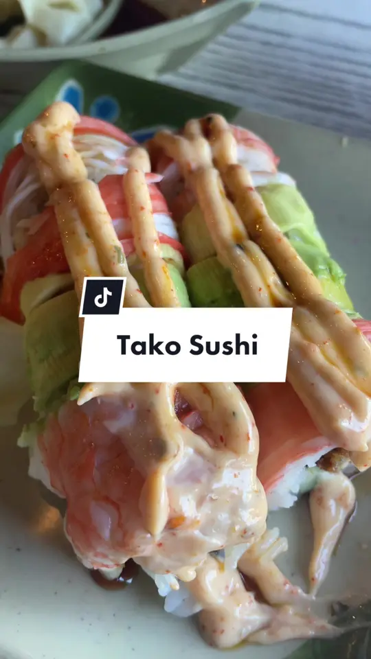 TakoSushi in Augusta showing food, shrimp tempura sushi roll, video by brittney.chubb on TikTok