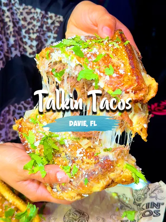 Talkin’ Tacos Davie in Davie showing grand opening, free tacos, birria tacos, street corn nachos, caribbean carne tacos, loaded churros, video by codiendrew on TikTok